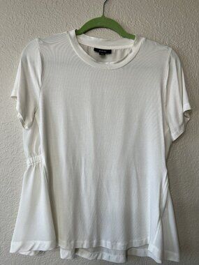 Alfani White Ruched Short Sleeve Blouse Crew Neck Sheer Back Women's Size M